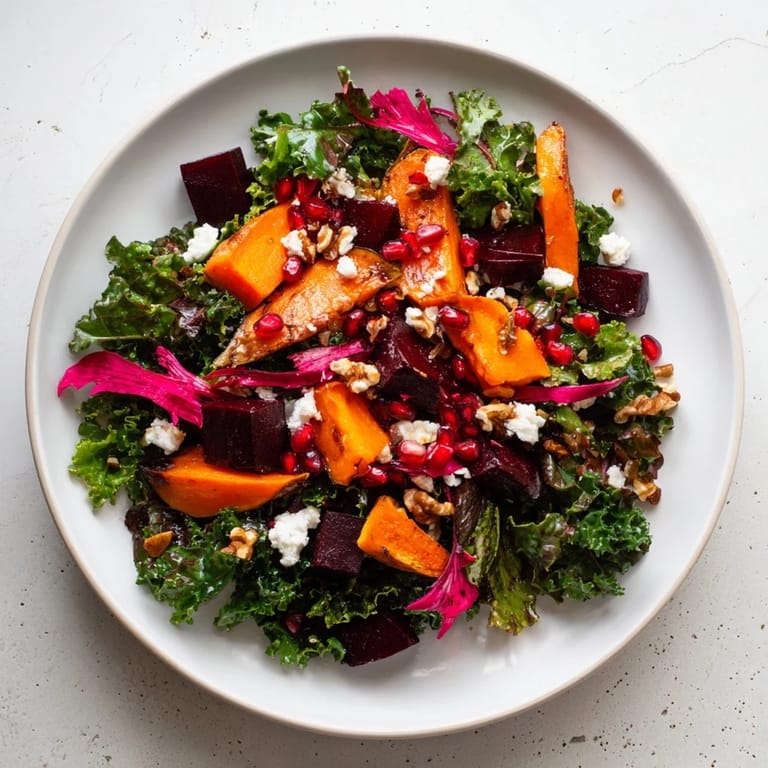 A beautiful bowl with Hot Girl Winter Salad: crisp greens, warm roasted veggies, and toasted walnuts.