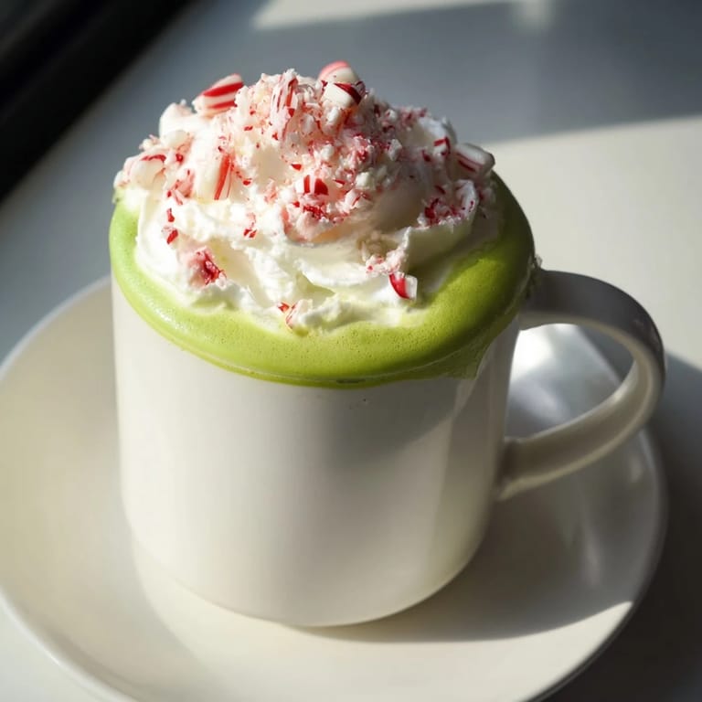 A close up shows the vibrant green Cozy Peppermint Matcha Christmas Lattes ready for festive enjoyment.