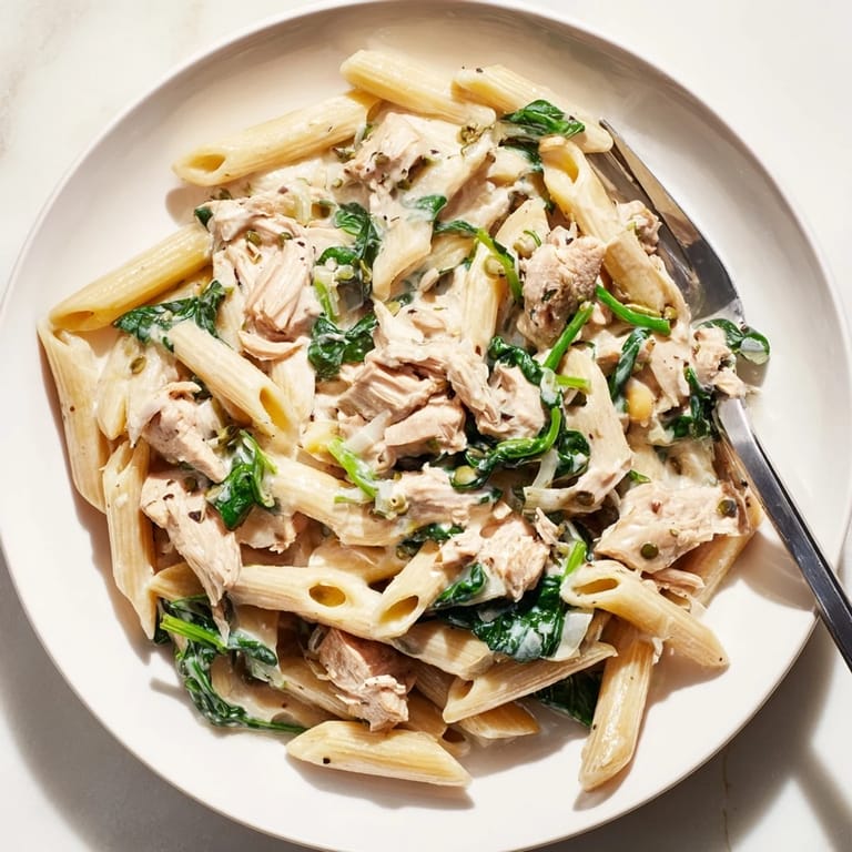 Tender turkey and creamy sauce mingle in this festive One-Pot Spinach & Turkey Christmas Pasta.