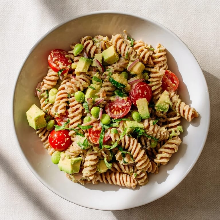A bowl of fresh Holiday Glow Green Goddess Protein Pasta Salad with glistening dressing, ready to eat.