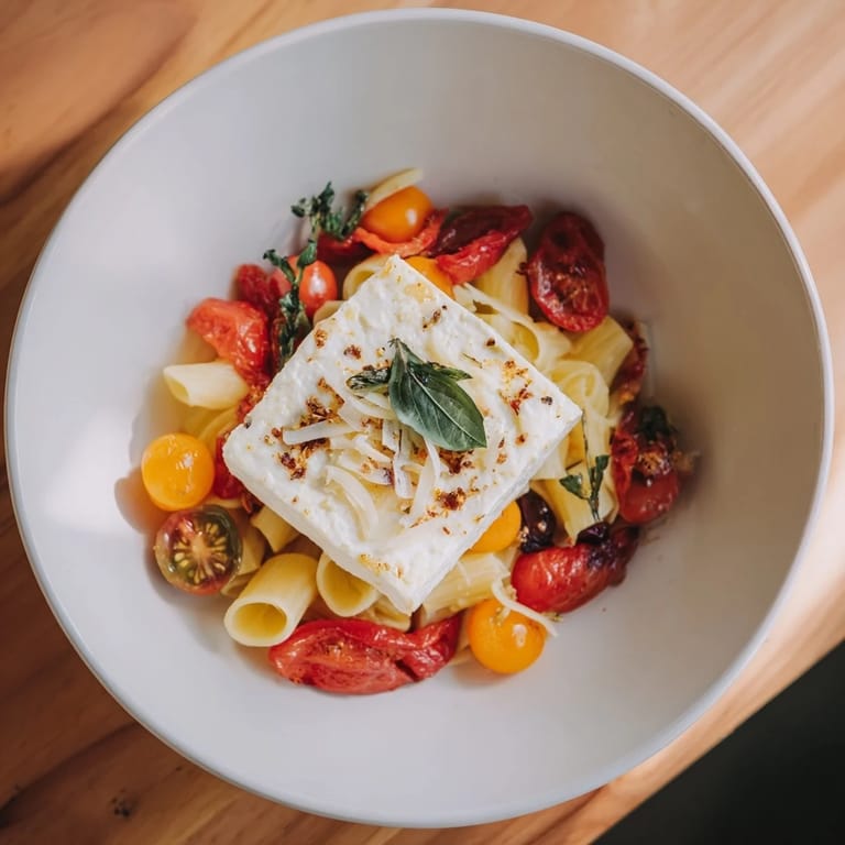 Sizzling cherry tomatoes and baked feta nestle around pasta in this festive Baked Feta Christmas Pasta.