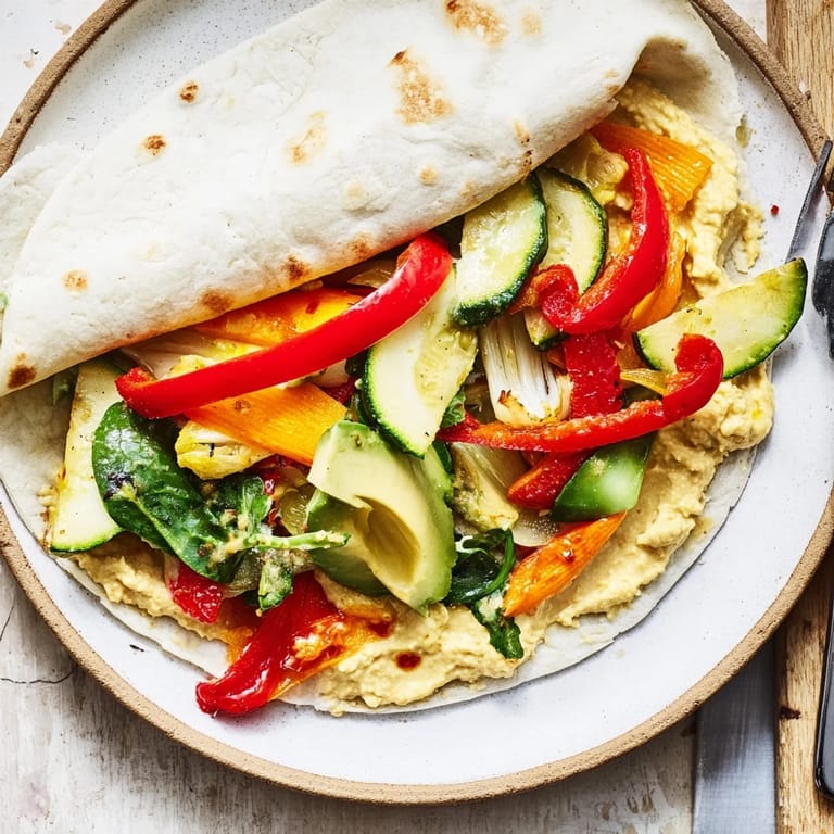 Savory Snowflake Hummus & Roasted Veggie Wrap with perfectly folded layers and a creamy hummus filling.