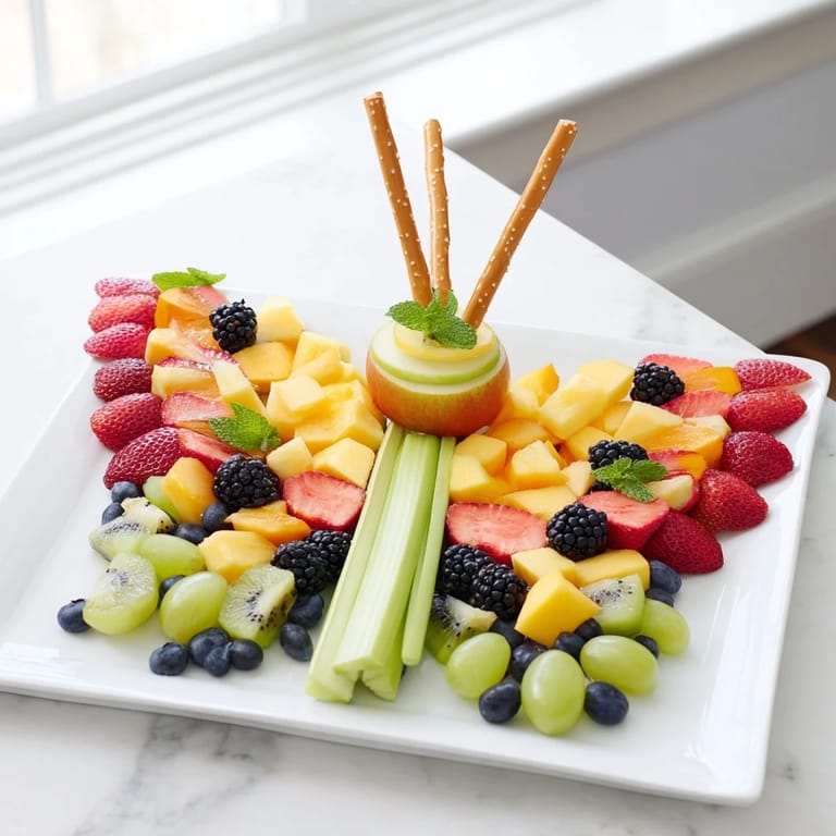 Kid-friendly Butterfly Fruit Tray, a stunning appetizer with fresh fruit and a sweet vanilla yogurt dip.