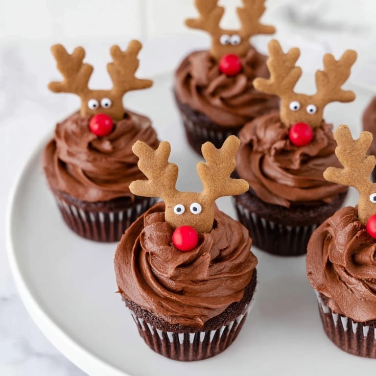Enjoy a delicious visual of reindeer holiday dessert platter with chocolate cupcakes, ideal for the holidays.
