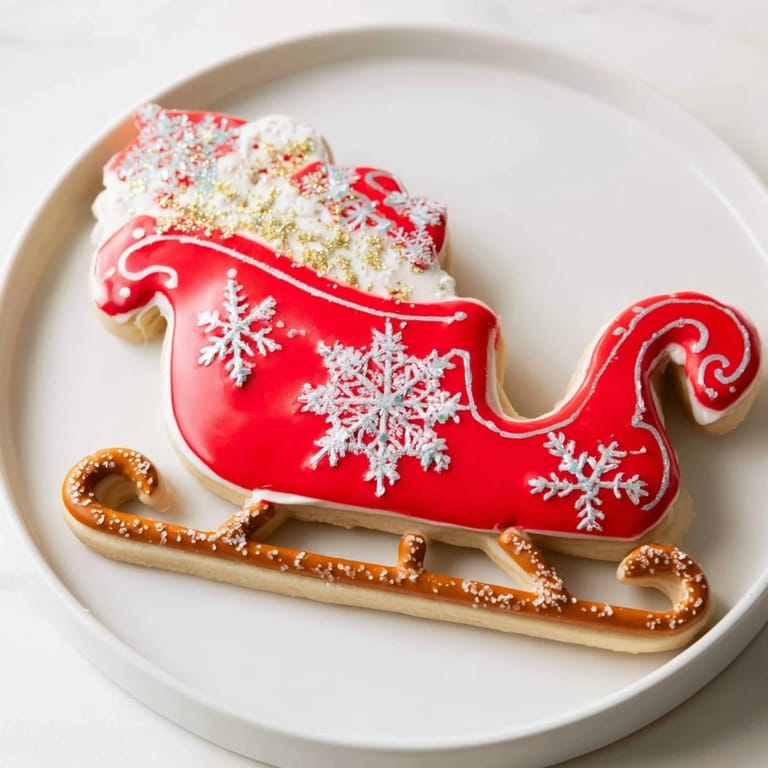 Golden-brown Santa's Sleigh Cookies on a platter, decorated with red, green, and white icing and festive sprinkles.