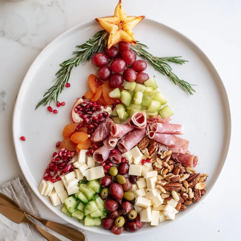 A visually appealing Festive Holiday Tree Appetizer Platter featuring cheese, charcuterie, and fresh fruit for the holidays.