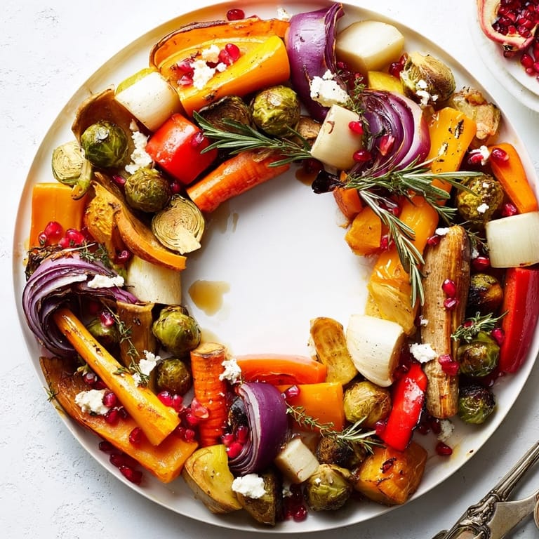 A close-up view of the Festive Vegetable Christmas Wreath, ready to be served, garnished beautifully.