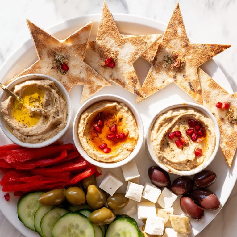 This beautifully arranged Three Kings Star Pita Board showcases delicious pita stars, colorful dips, and fresh, healthy ingredients perfect for your next party.