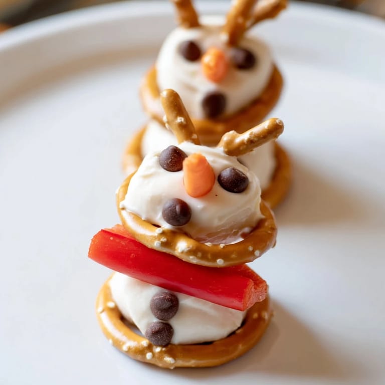 Bright image of a snowman pretzel, delightful for kids, served with fresh dips perfect for parties.