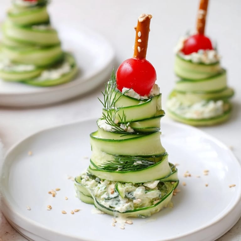 Vivid image of spiral cucumber ribbon Christmas trees: Fresh dill garnishes these holiday appetizers beautifully.