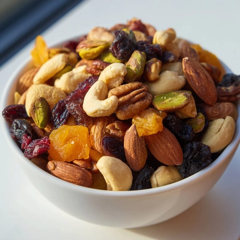 This tempting photo shows a colorful arrangement of the Easy Party Assorted Nuts and Dried Fruit mixture for serving.