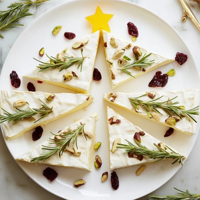 Delicious Simple Brie Triangle Cheese Tree: a stunning appetizer ready to serve with honey and fresh rosemary sprigs.