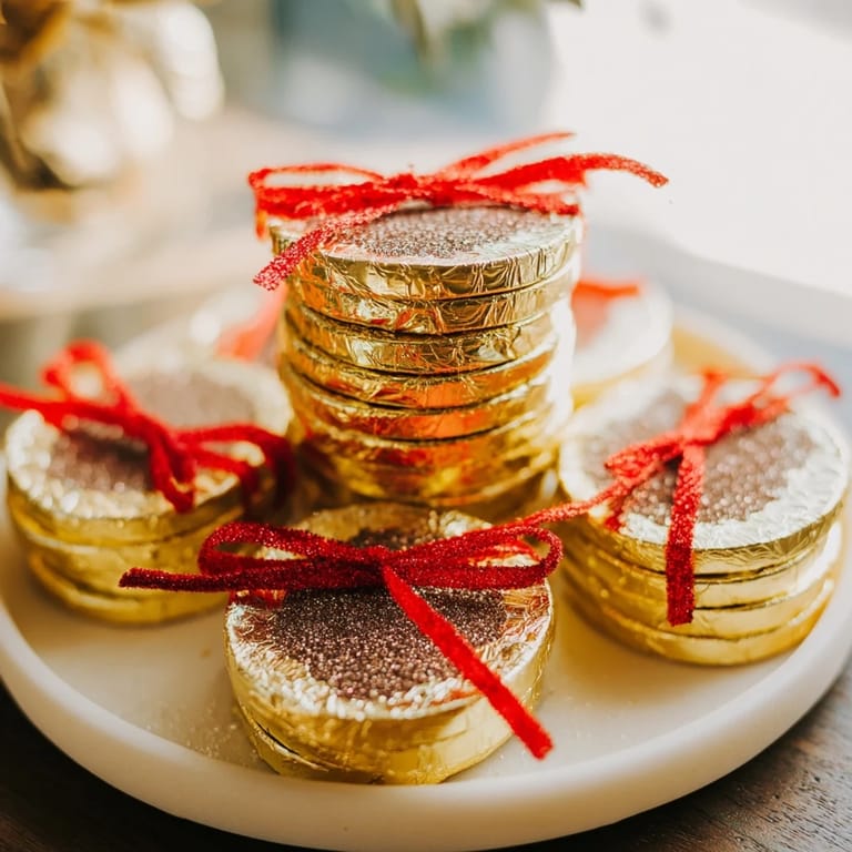 Stacked chocolate gold coins, shimmering and ready to eat, perfect party centerpiece.