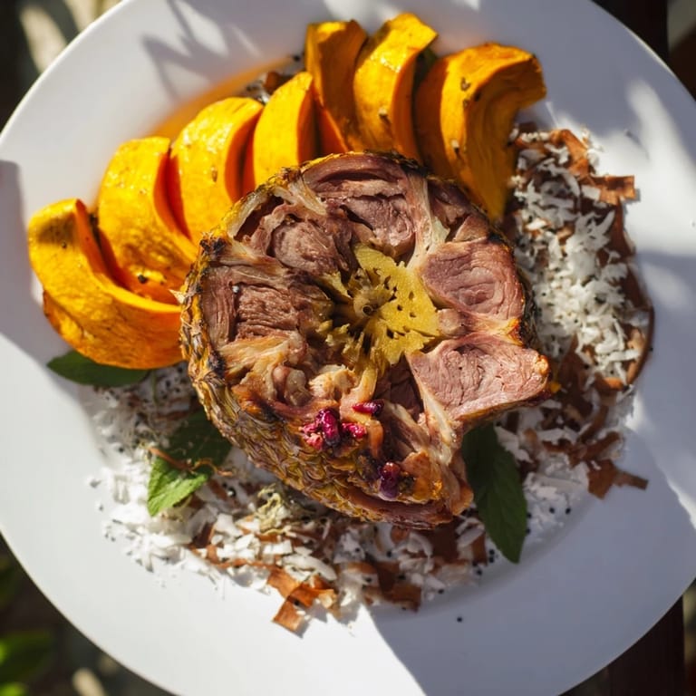 Freshly arranged Tropical Pineapple Paradise dessert: a vibrant medley of tropical fruits and berries.