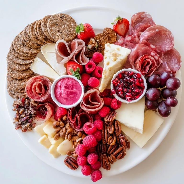 Romantic Heart of Romance Board featuring vibrant strawberries, pink hummus, and delicious cheeses perfectly arranged.