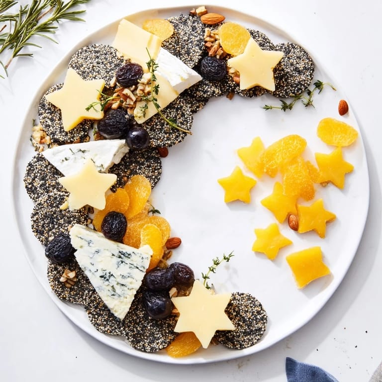 Serve this festive Crescent Moon & Stars Cheese Board, featuring creamy brie and vibrant grapes.