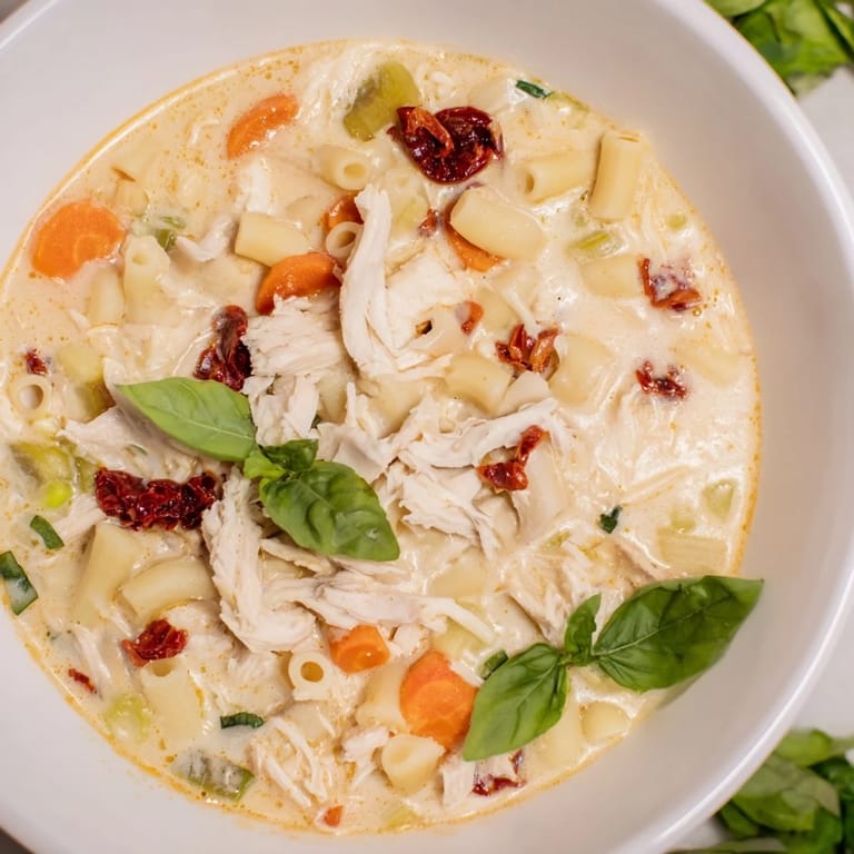 A steaming bowl of comforting Marry Me Chicken Soup, featuring tender chicken, and vibrant, creamy broth with pasta.