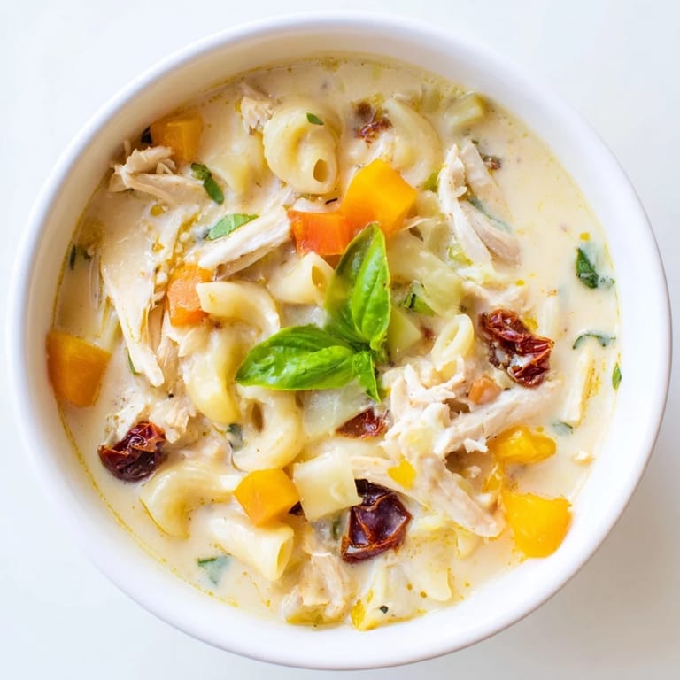 Close-up of the flavorful Marry Me Chicken Soup, showcasing the ingredients and rich, savory broth and basil garnish.
