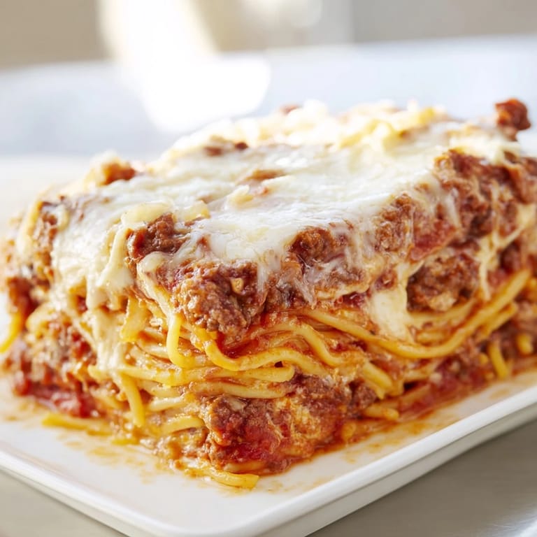 A close-up of creamy, cheesy Tinis Baked Spaghetti, highlighting the savory meat and baked topping.