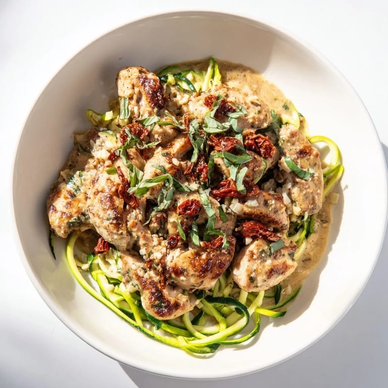 Enjoy this comforting bowl of Marry Me Chicken Zoodles: chicken, cream sauce, and zucchini noodles, a low-carb delight.