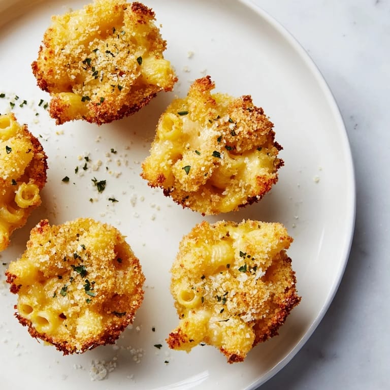 A close-up shot of perfectly baked Tinis Mac and Cheese, showcasing the crispy, golden topping.