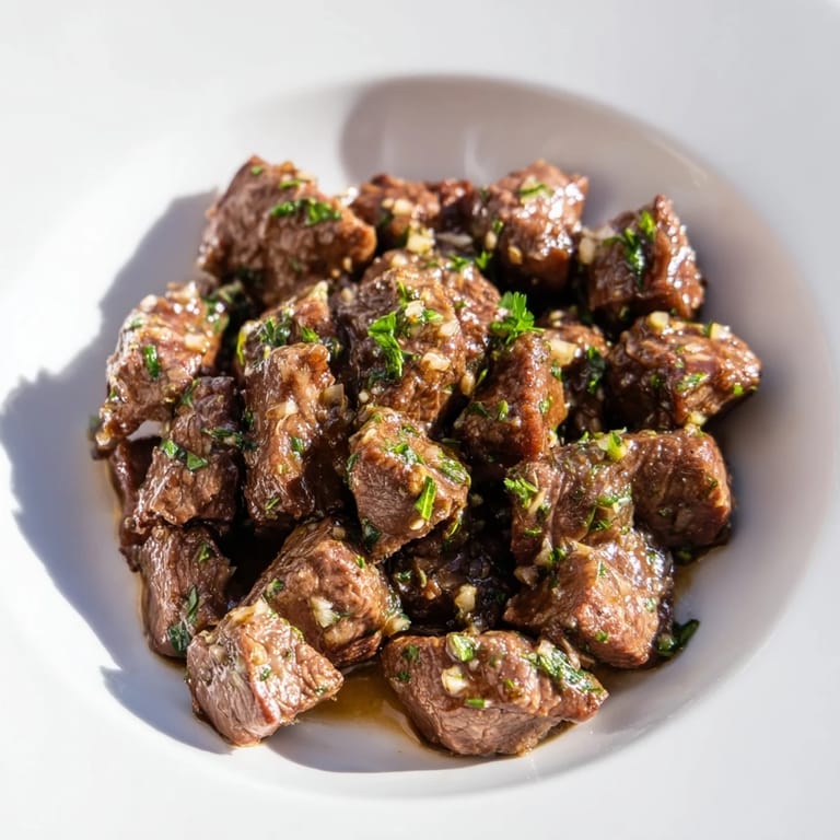 Perfectly cooked air-fryer garlic-butter steak bites, offering a tender bite with fresh parsley garnish.