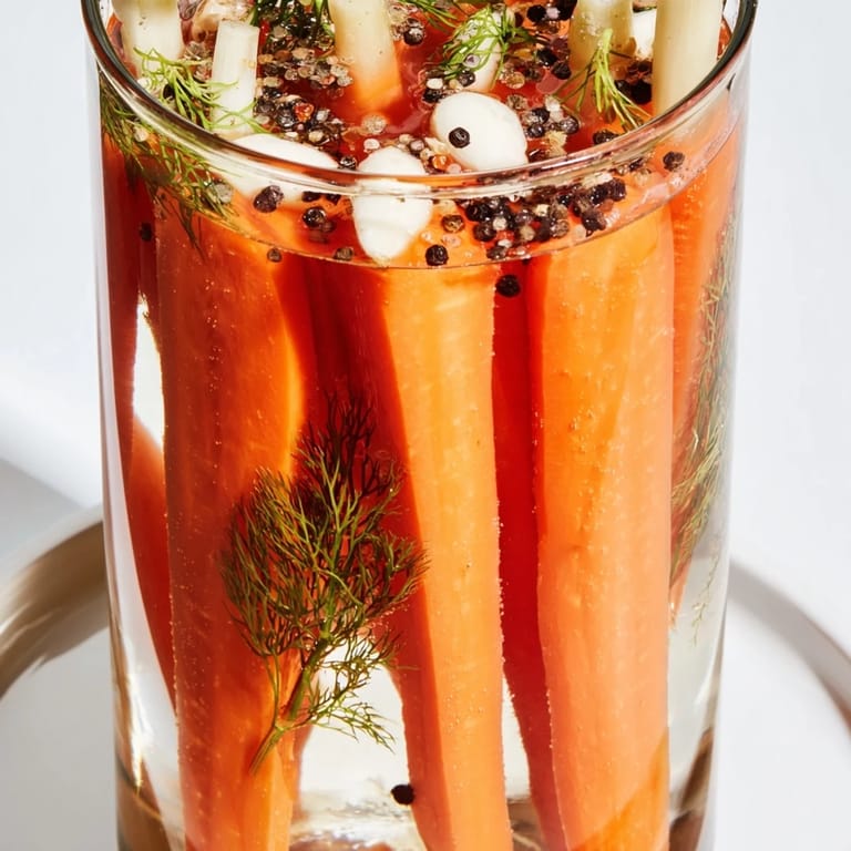 Bright orange Quick Pickled Carrot Spears fill a glass jar, a perfect zesty side dish ready to eat.