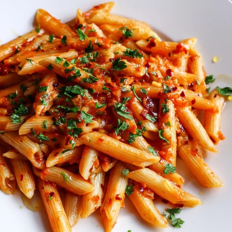 A plate of flavorful penne all'arrabbiata, showcasing a rich tomato sauce and chili flakes.
