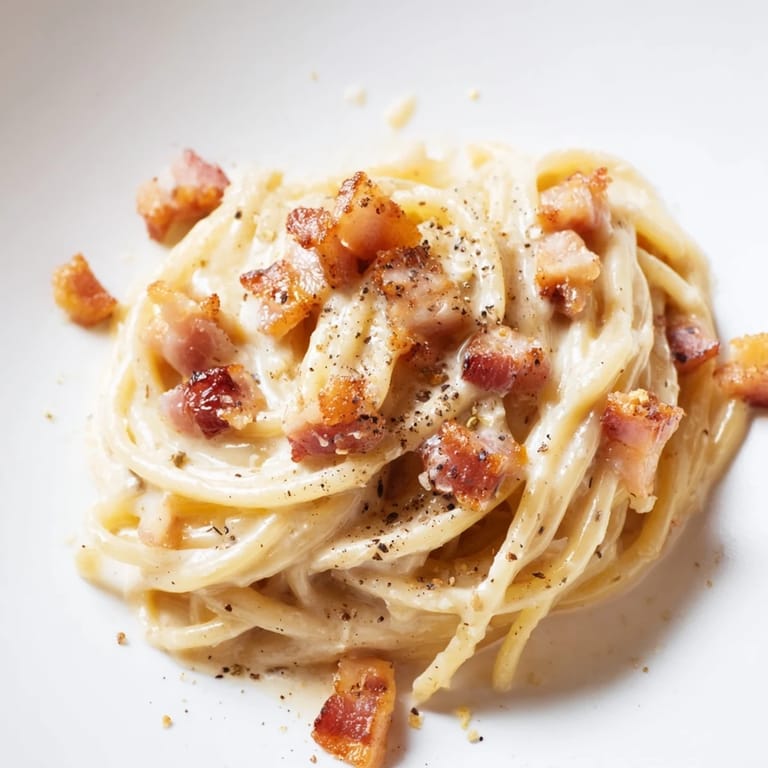 Close-up of freshly made Express Spaghetti Carbonara, with grated Parmesan visible and inviting.