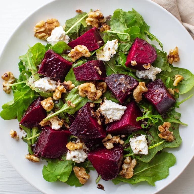 This Beet and Goat Cheese Salad showcases ruby red beets with crumbled goat cheese, ready to eat.