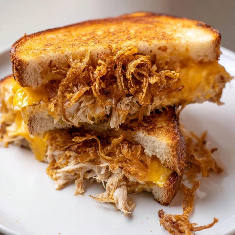 A perfectly grilled Crispy Shallot Chicken Grilled Cheese, showing the delicious chicken and cheese filling.