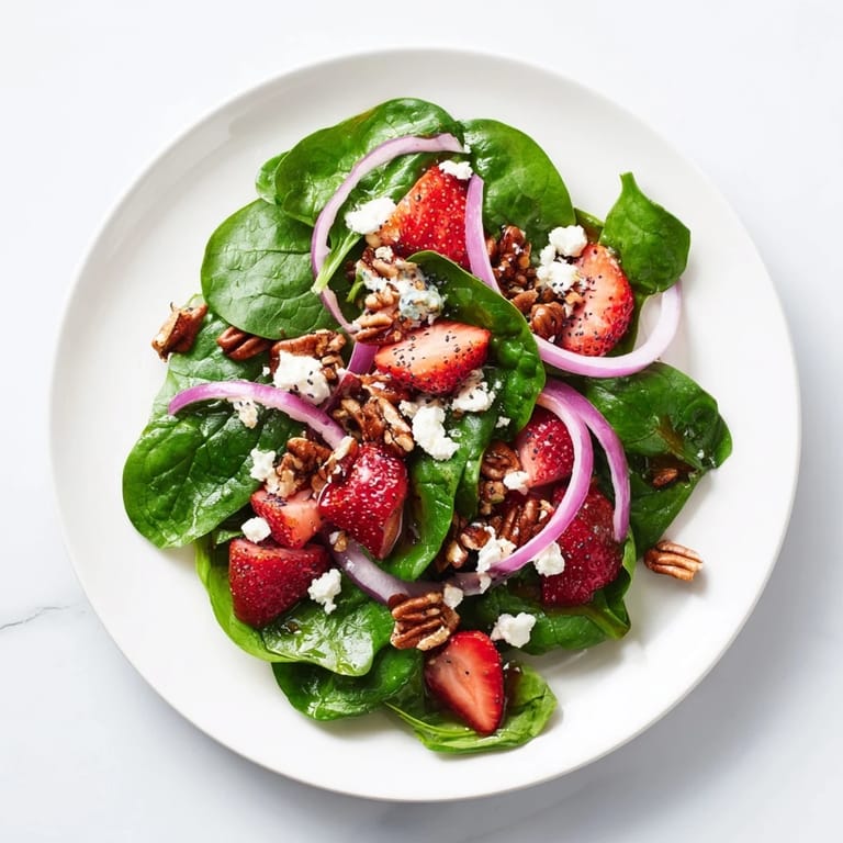 Bright image of a spinach strawberry salad featuring juicy strawberries and creamy feta cheese.