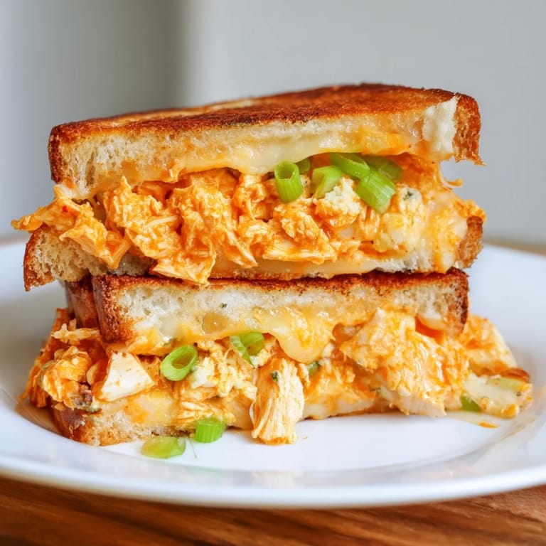 Mouthwatering close-up of a Buffalo Chicken Grilled Cheese, ready to be sliced and served hot.