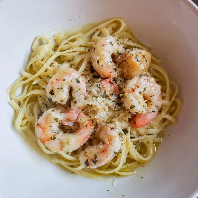 Savory lemon herb pasta with shrimp: a close-up shot of tender shrimp in a bright, flavorful sauce.