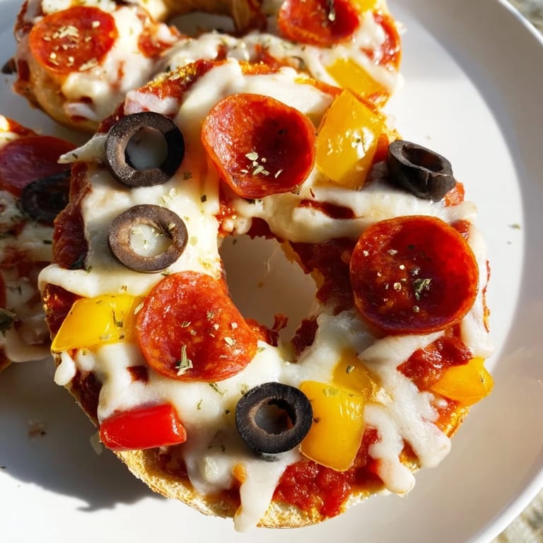 Warm, melty mozzarella covers these mini bagel pizzas, ready to eat with pepperoni and olives.