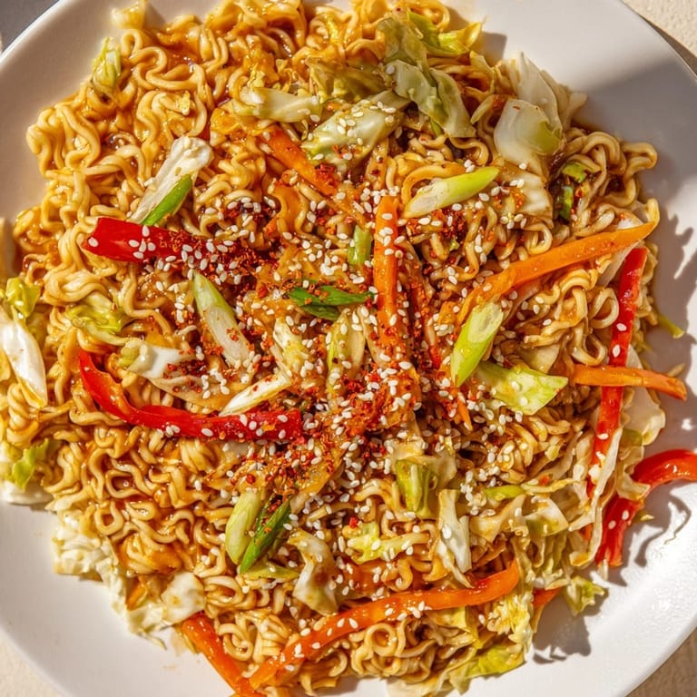 Close-up of freshly cooked spicy ramen stir fry, showing the vibrant noodles and vegetables in a wok.
