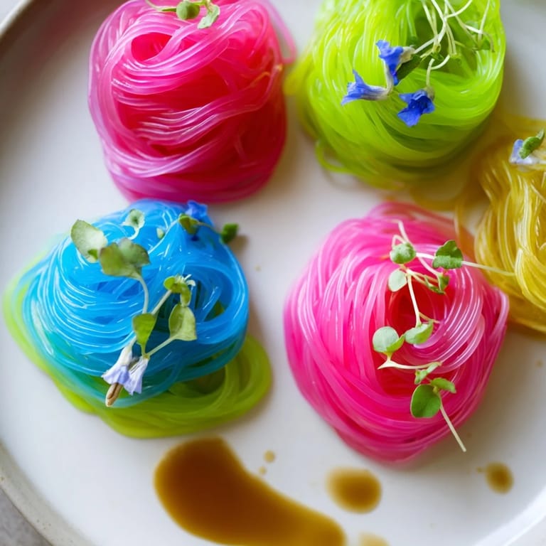 Beautiful bundles of colorful neon noodle clouds, perfect for a fun, shareable appetizer or side dish.