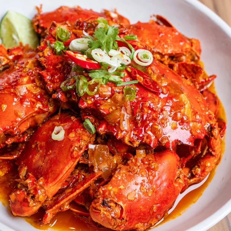 Bright red Singaporean chili crab glistening, a flavorful seafood dish perfect for sharing.