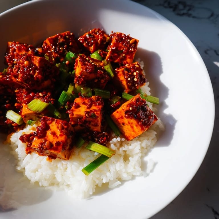 A close-up of Chinese Mapo Tofu, showcasing the silky tofu and rich, red sauce.