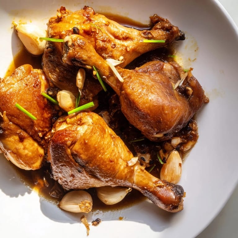 A close-up of steaming Filipino Chicken Adobo with glossy, rich sauce, perfect for dinner.