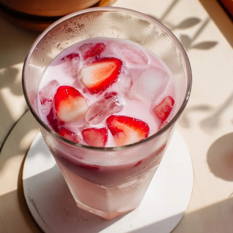 Homemade Copycat Pink Drink in a clear glass garnished with fresh strawberry slices, coconut milk base, and ice, perfect for a tropical treat.