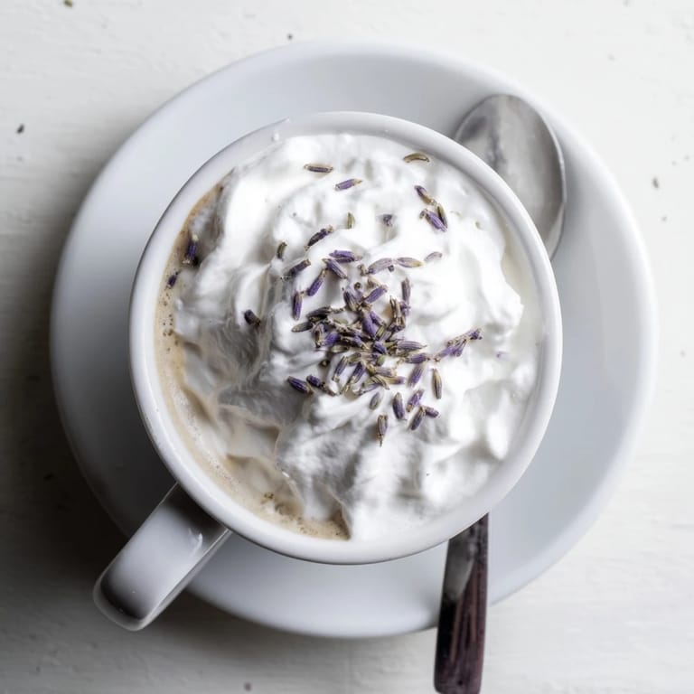 Two steaming mugs of Whipped Lavender Latte sit on a rustic wood table, showcasing velvety foam and a light dusting of lavender beside a scone.