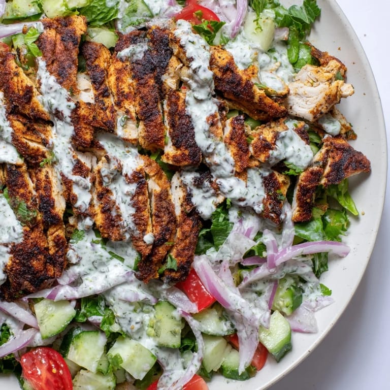 A close-up view shows tender, golden chicken shawarma pieces nestled on mixed greens with diced vegetables, highlighting the colorful texture of this Chicken Shawarma Salad.