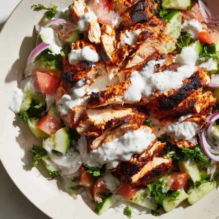 Bright, fresh ingredients and succulent grilled chicken come together in this Chicken Shawarma Salad, offering a tempting Mediterranean-inspired main dish for easy weeknight dinners.