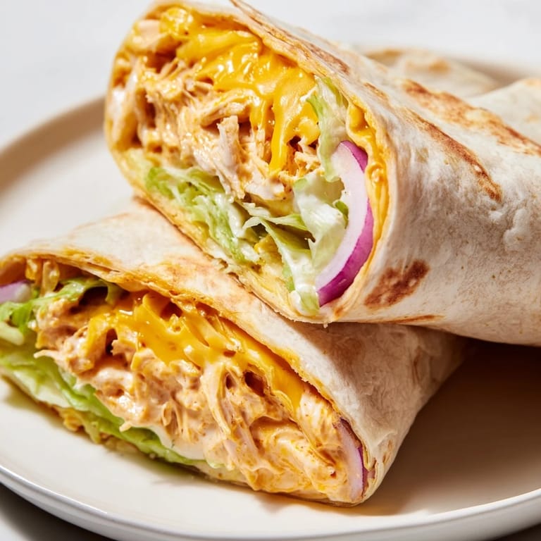 A close-up of a fresh Buffalo Ranch Chicken Wrap on a rustic wooden board, topped with a drizzle of creamy ranch and tangy buffalo sauce.  