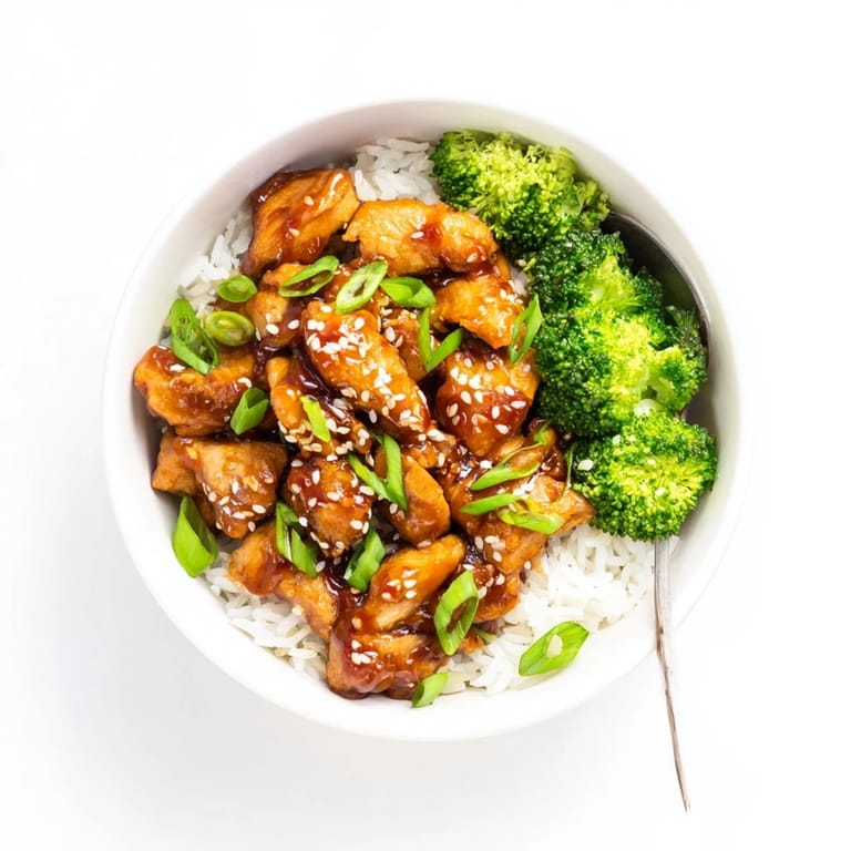 Tender chicken tossed in a glossy sweet chili sauce, paired with crisp broccoli and fluffy rice in a vibrant dinner bowl.