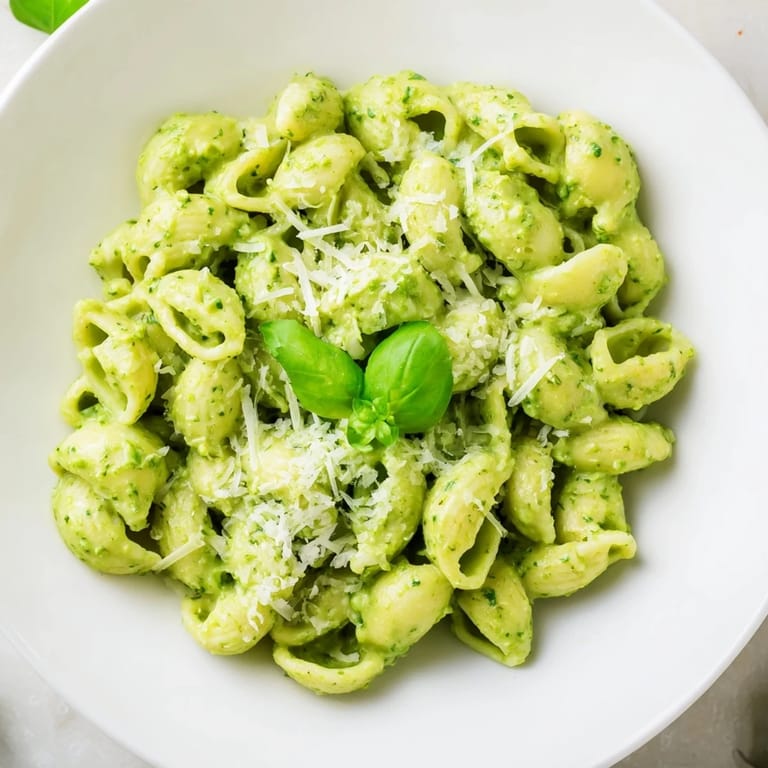 This Creamy Avocado Pesto Mac pairs perfectly with a crisp side salad on a rustic wooden table.