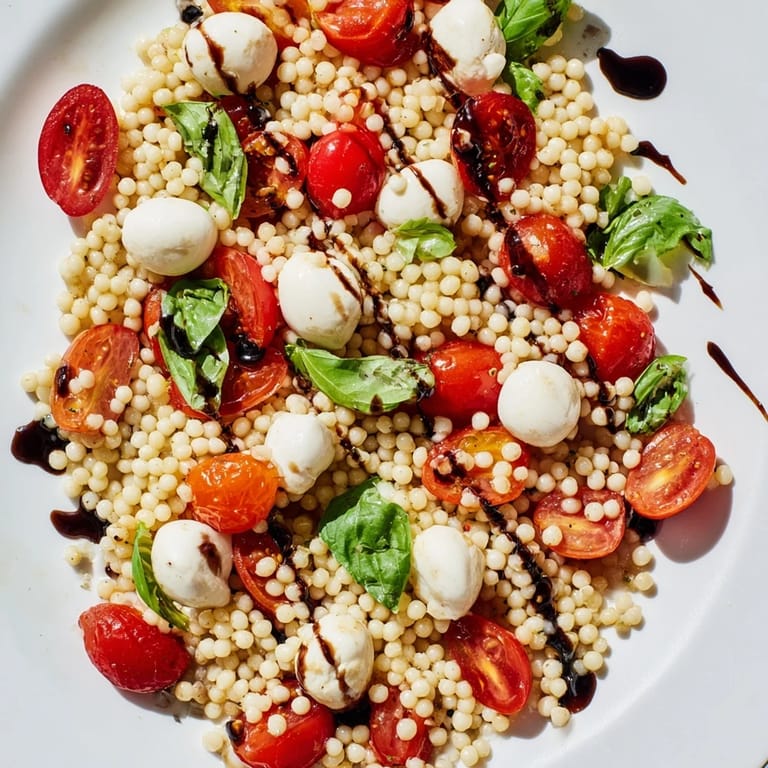 Close-up of Caprese Couscous Salad featuring fresh basil leaves, halved mozzarella, and tomatoes on a serving platter, ready to enjoy.