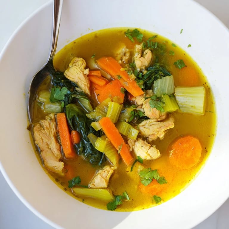 Hearty turmeric chicken soup simmering in a pot with carrots, celery, and tender chicken pieces visible.