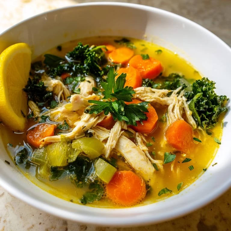 Savor this high protein lemon turmeric chicken soup, brimming with fresh zest.